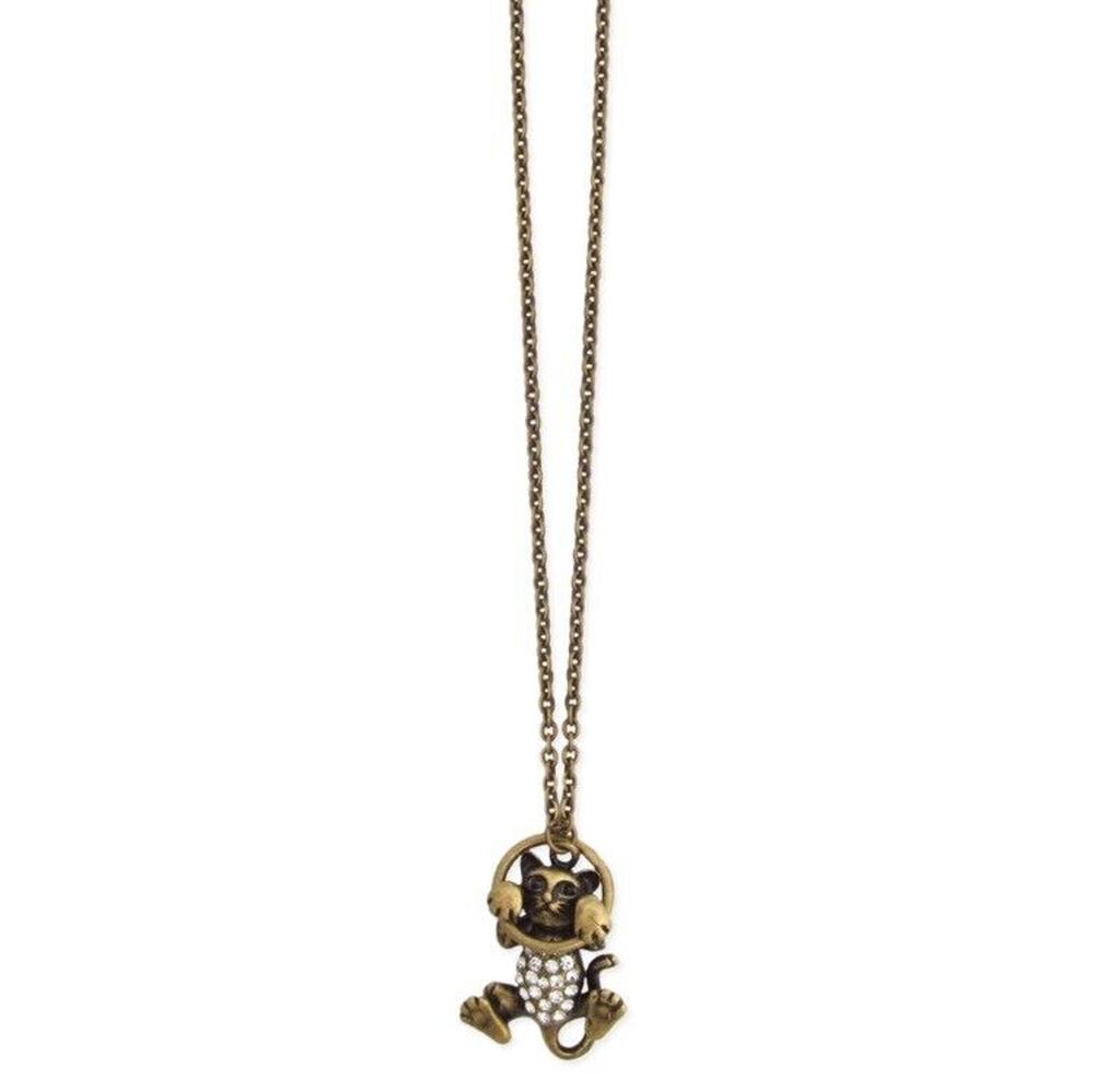 New Antique Gold & Rhinestone Kitty Cat Kitten Hang in There Pendant Necklace